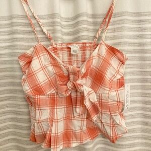 Kirious Coral Plaid Crop Top S/M NWT